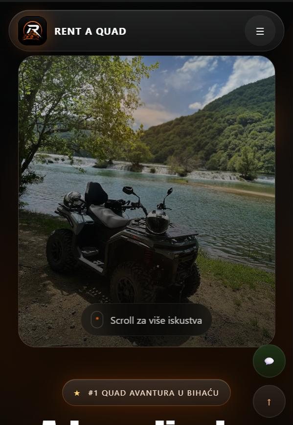 Stvarni mobilni prikaz stranice rentaquadbihac.com s hero fotografijom quada uz rijeku Unu